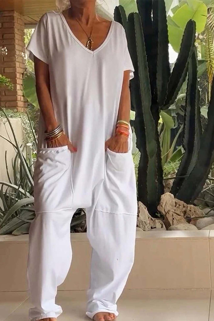 Layla | Linen Blend Jumpsuit V-Neck Short Sleeve Wide Leg Pockets