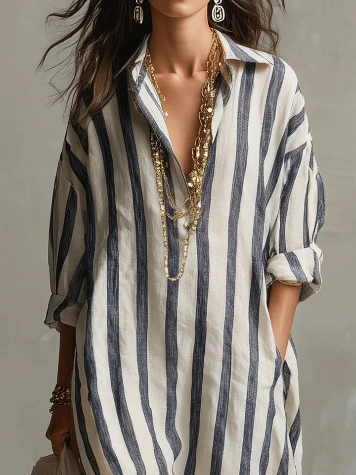 Olivia | Linen Shirt Dress V-Neck Striped Maxi Long Sleeve Loose Fit