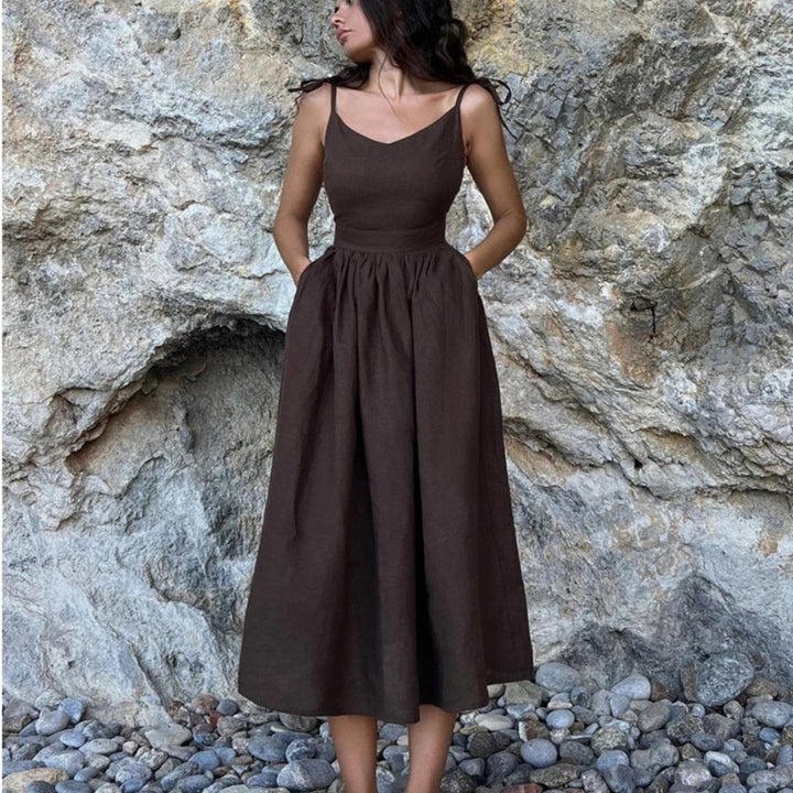 Olivia | Linen Sleeveless Maxi Dress A-Line Open Back Adjustable Tie