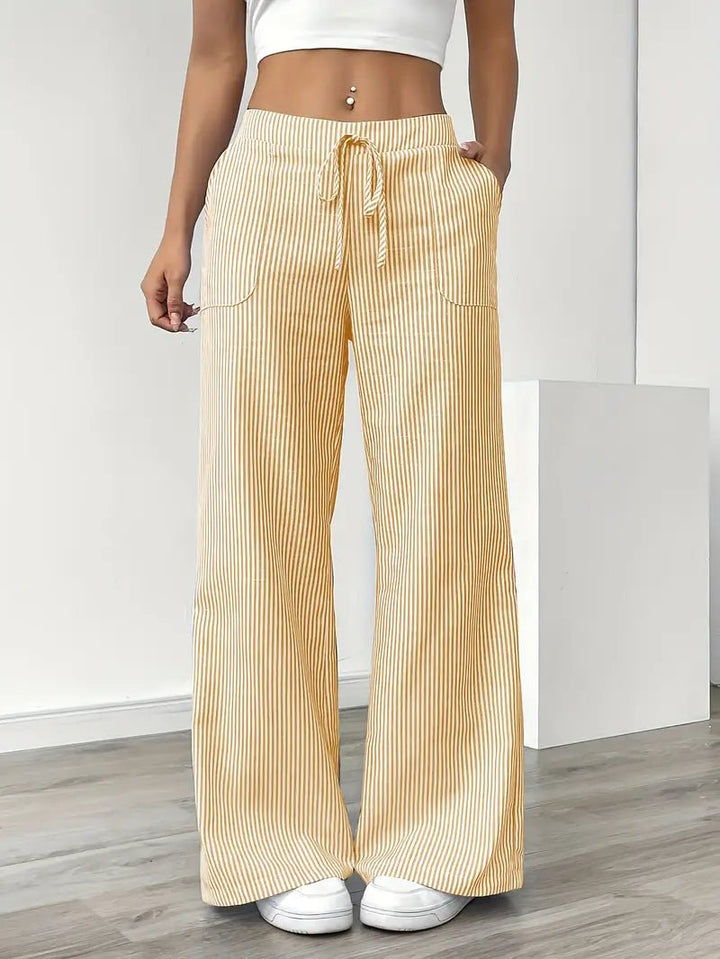 Olivia | Linen Wide Leg Striped Pants Drawstring Waist Pockets