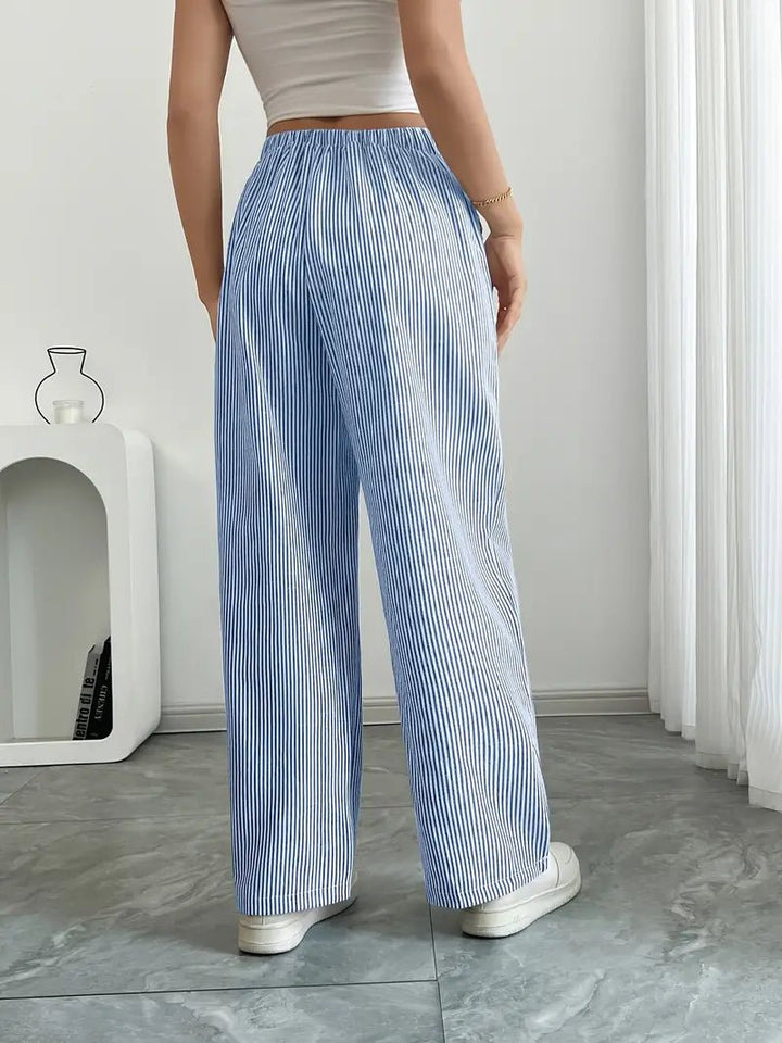 Olivia | Linen Wide Leg Striped Pants Drawstring Waist Pockets