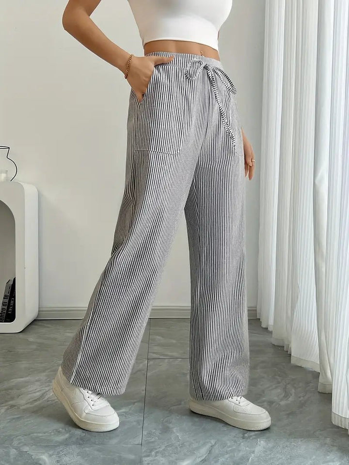Olivia | Linen Wide Leg Striped Pants Drawstring Waist Pockets