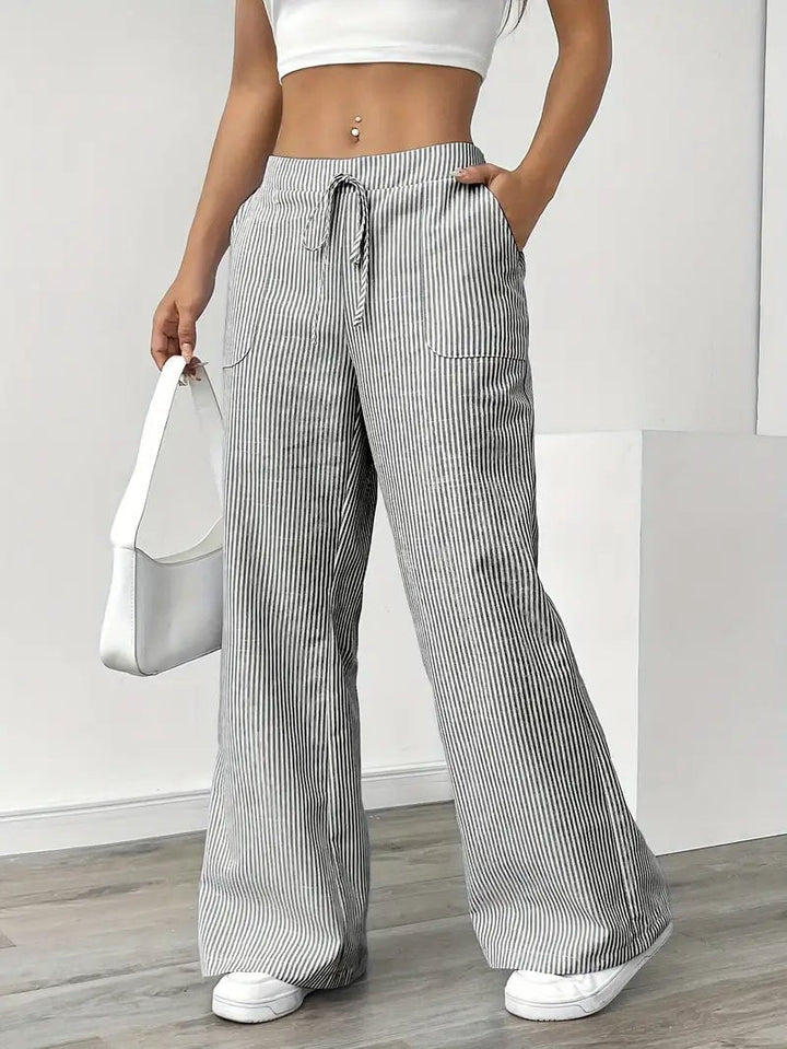 Olivia | Linen Wide Leg Striped Pants Drawstring Waist Pockets