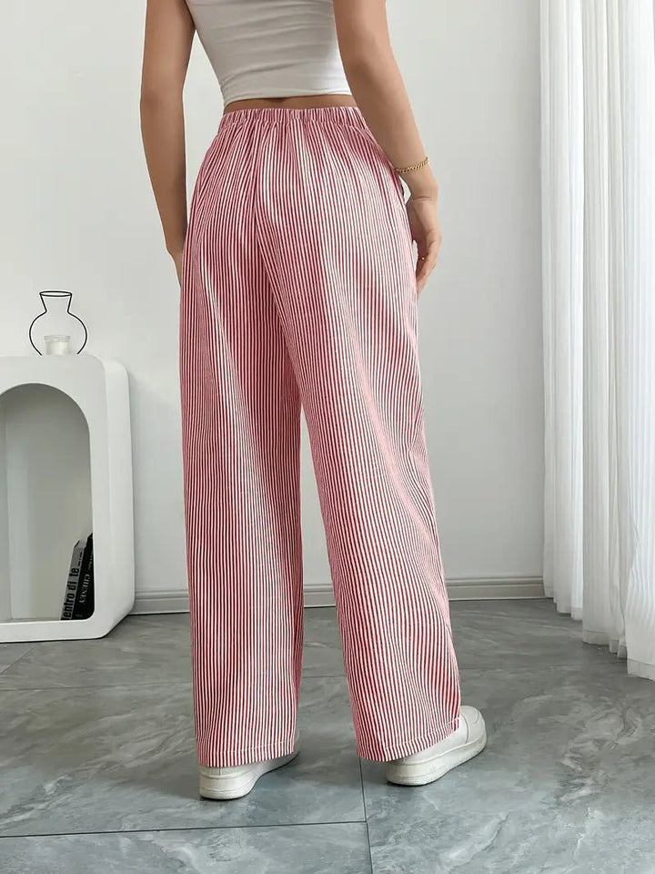 Olivia | Linen Wide Leg Striped Pants Drawstring Waist Pockets