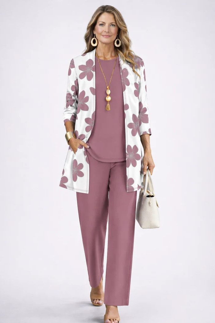 Floral Long Cardigan and Wide Leg Pants Set for Women