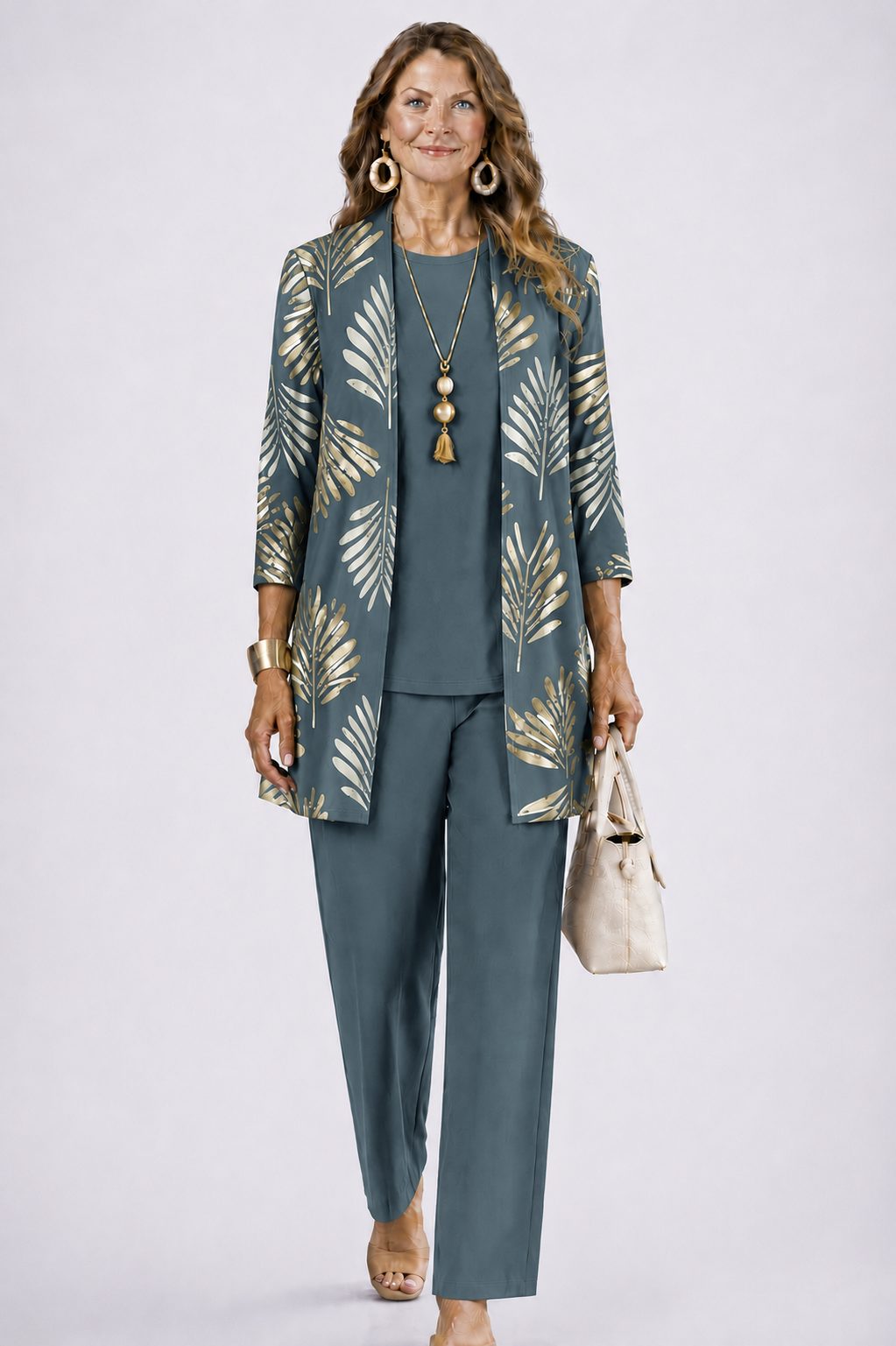 Floral Long Cardigan and Wide Leg Pants Set for Women