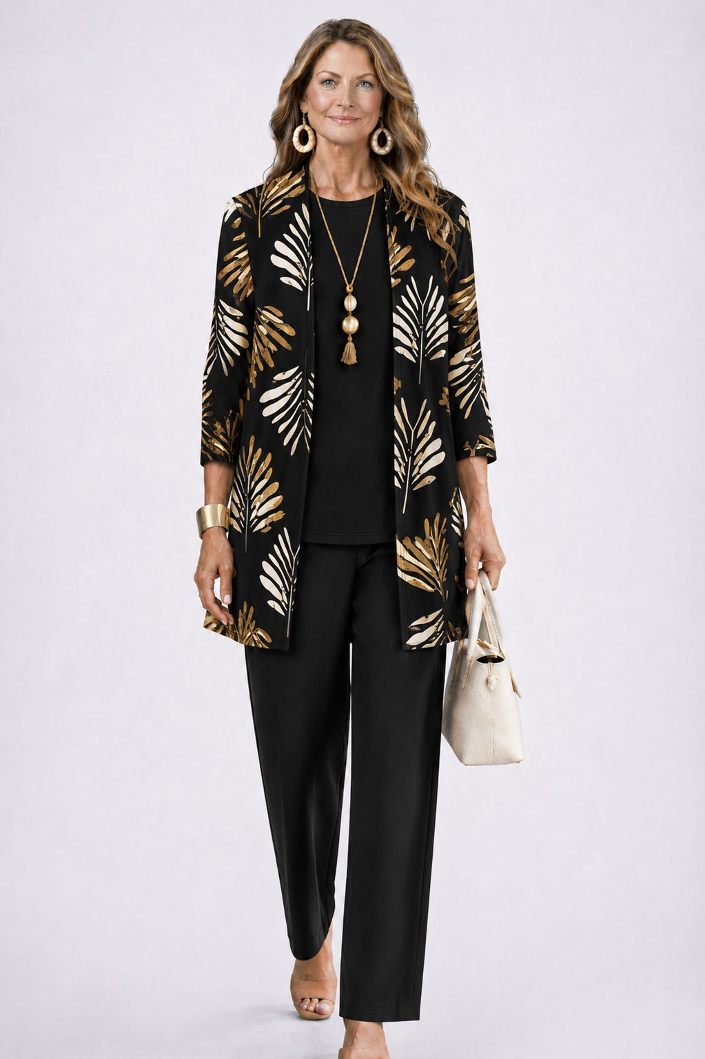Floral Long Cardigan and Wide Leg Pants Set for Women