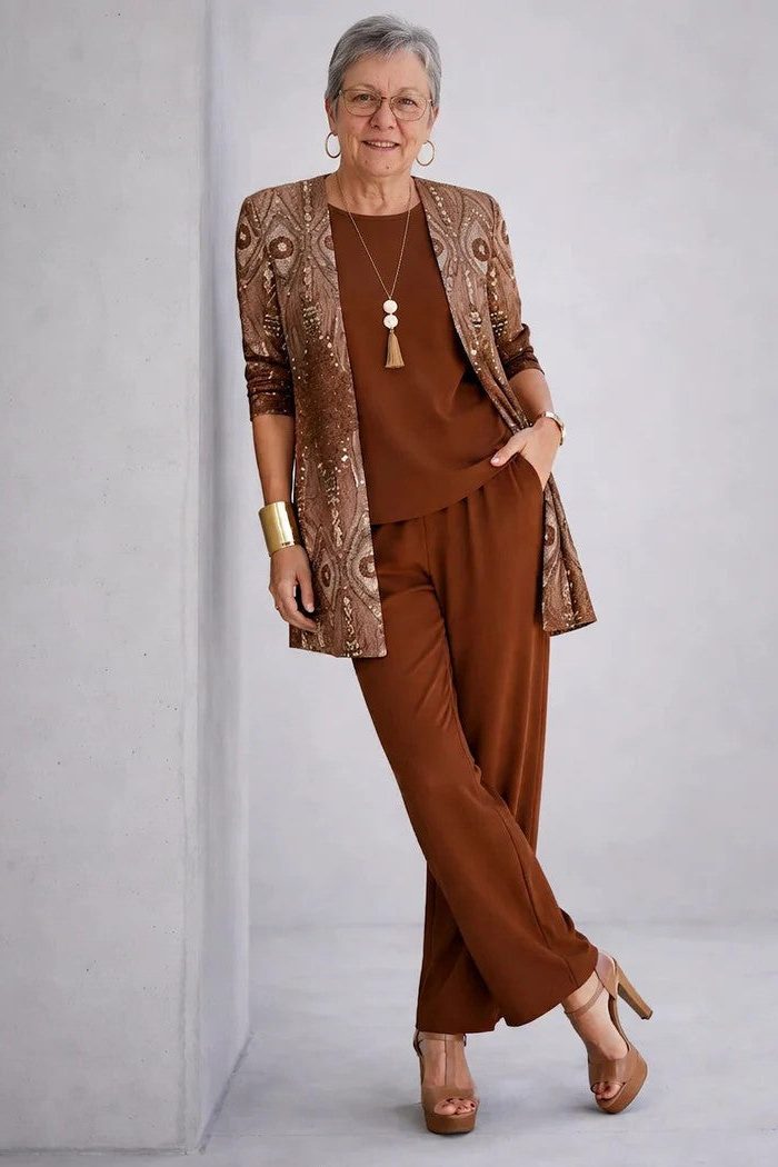 Floral Long Cardigan and Wide Leg Pants Set for Women