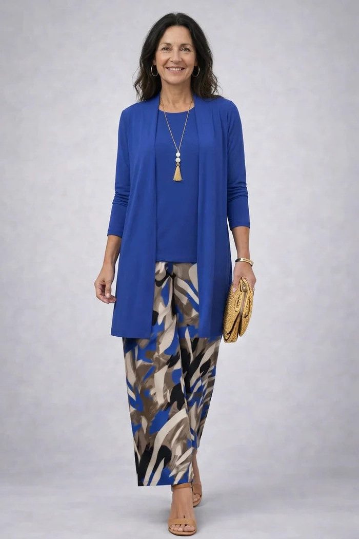 Floral Long Cardigan and Wide Leg Pants Set for Women