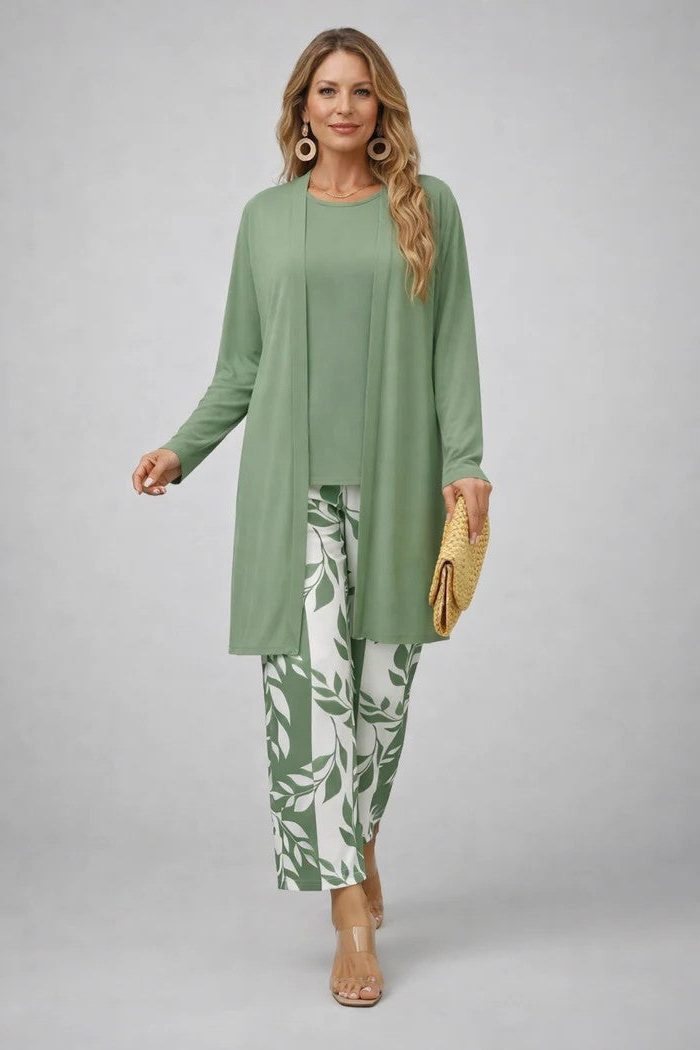 Floral Long Cardigan and Wide Leg Pants Set for Women