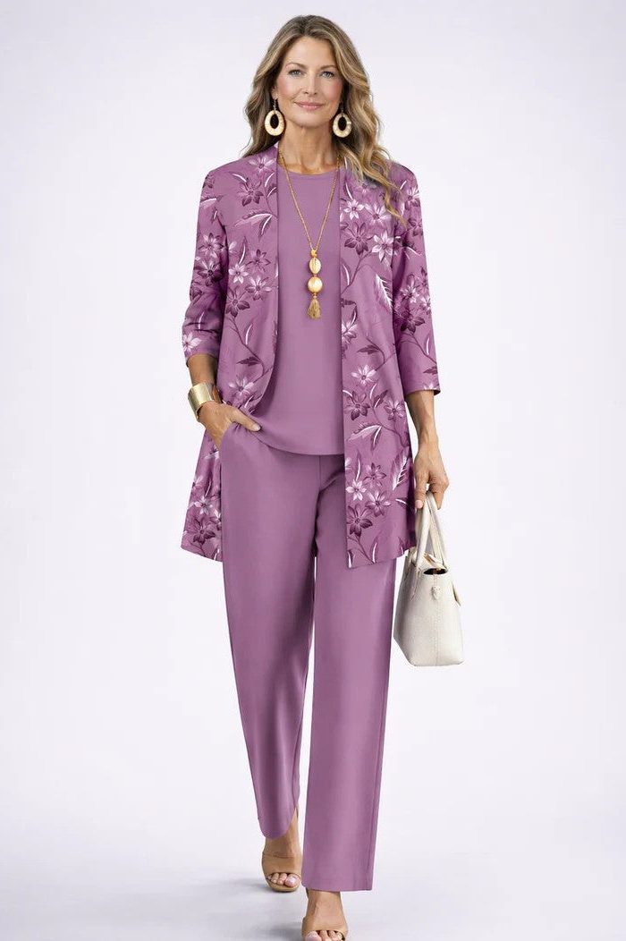 Floral Long Cardigan and Wide Leg Pants Set for Women
