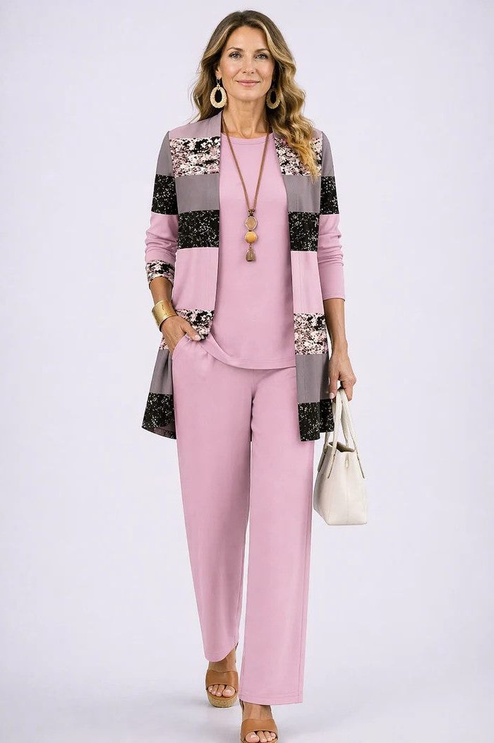 Floral Long Cardigan and Wide Leg Pants Set for Women