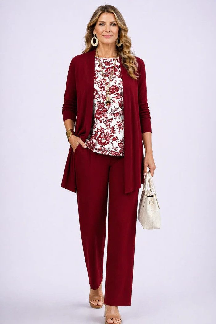 Floral Long Cardigan and Wide Leg Pants Set for Women