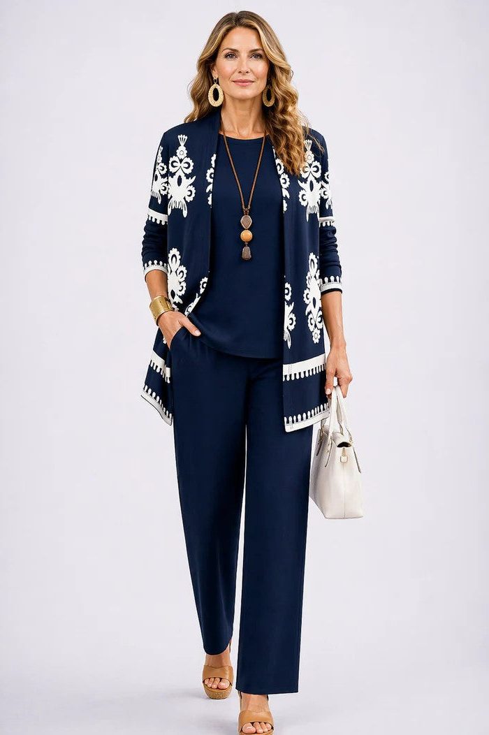 Floral Long Cardigan and Wide Leg Pants Set for Women