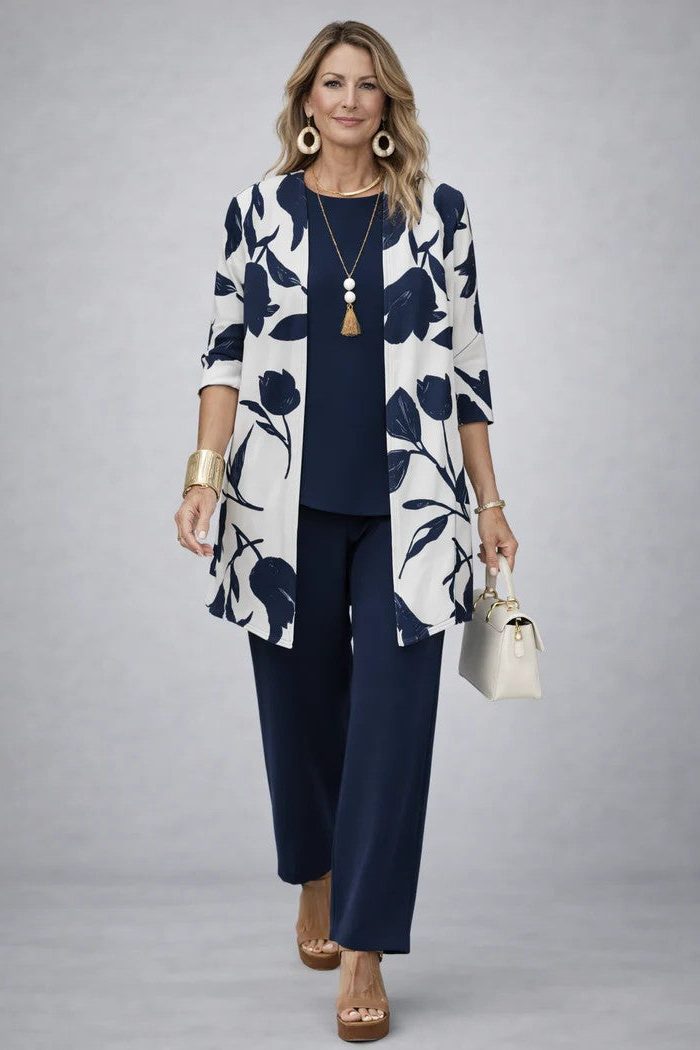 Floral Long Cardigan and Wide Leg Pants Set for Women