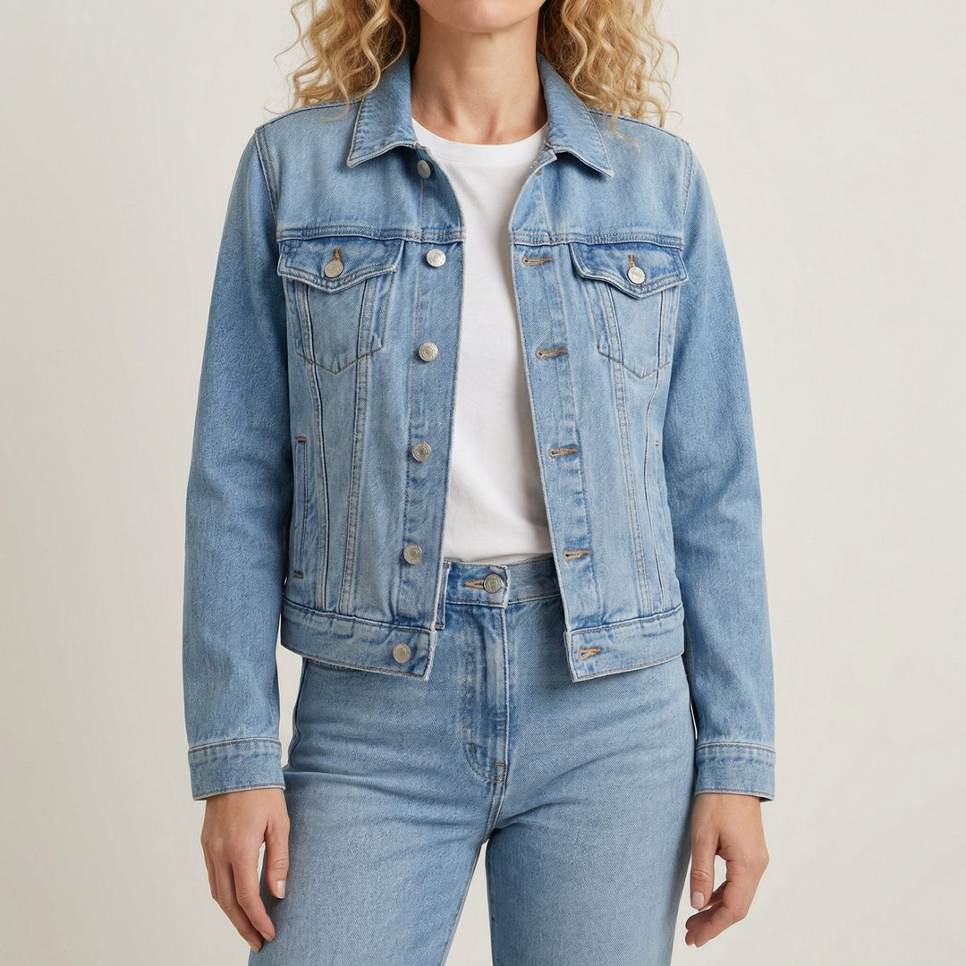 Button-Down Denim Jacket with Lapel Collar and Long Sleeves for Women
