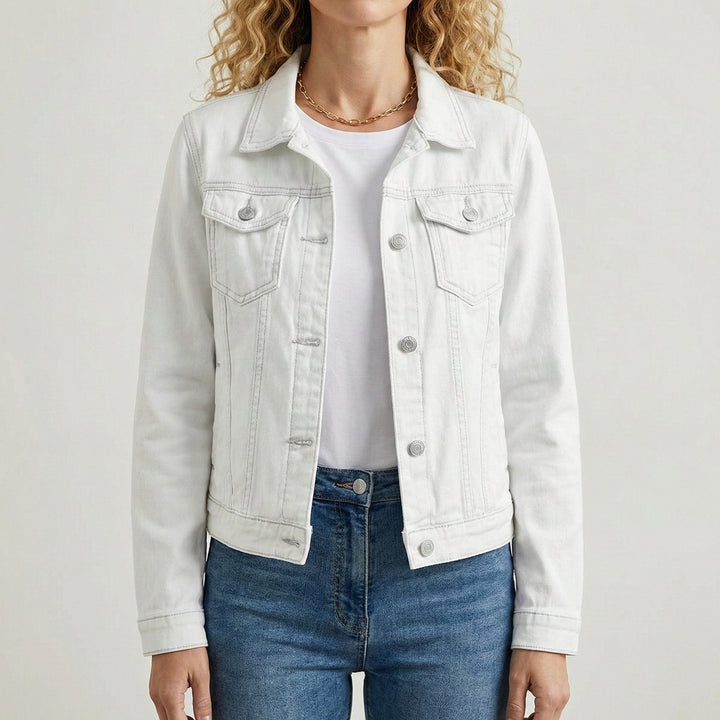 Button-Down Denim Jacket with Lapel Collar and Long Sleeves for Women