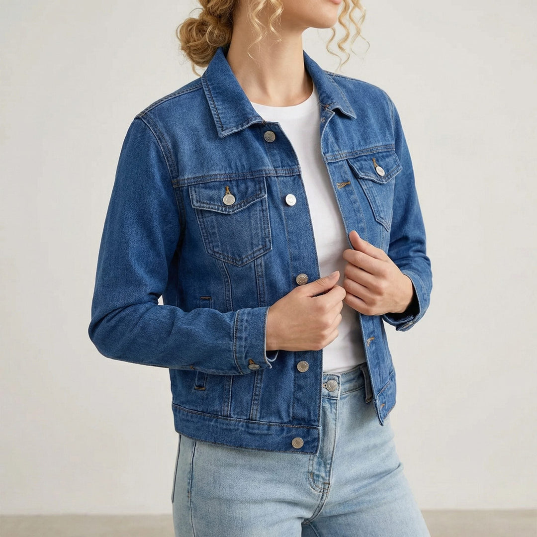 Button-Down Denim Jacket with Lapel Collar and Long Sleeves for Women