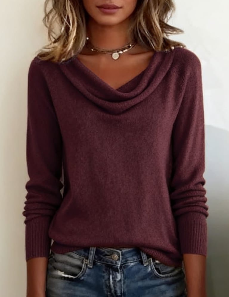 Cowl Neck Knit Sweater with Long Sleeves for Women