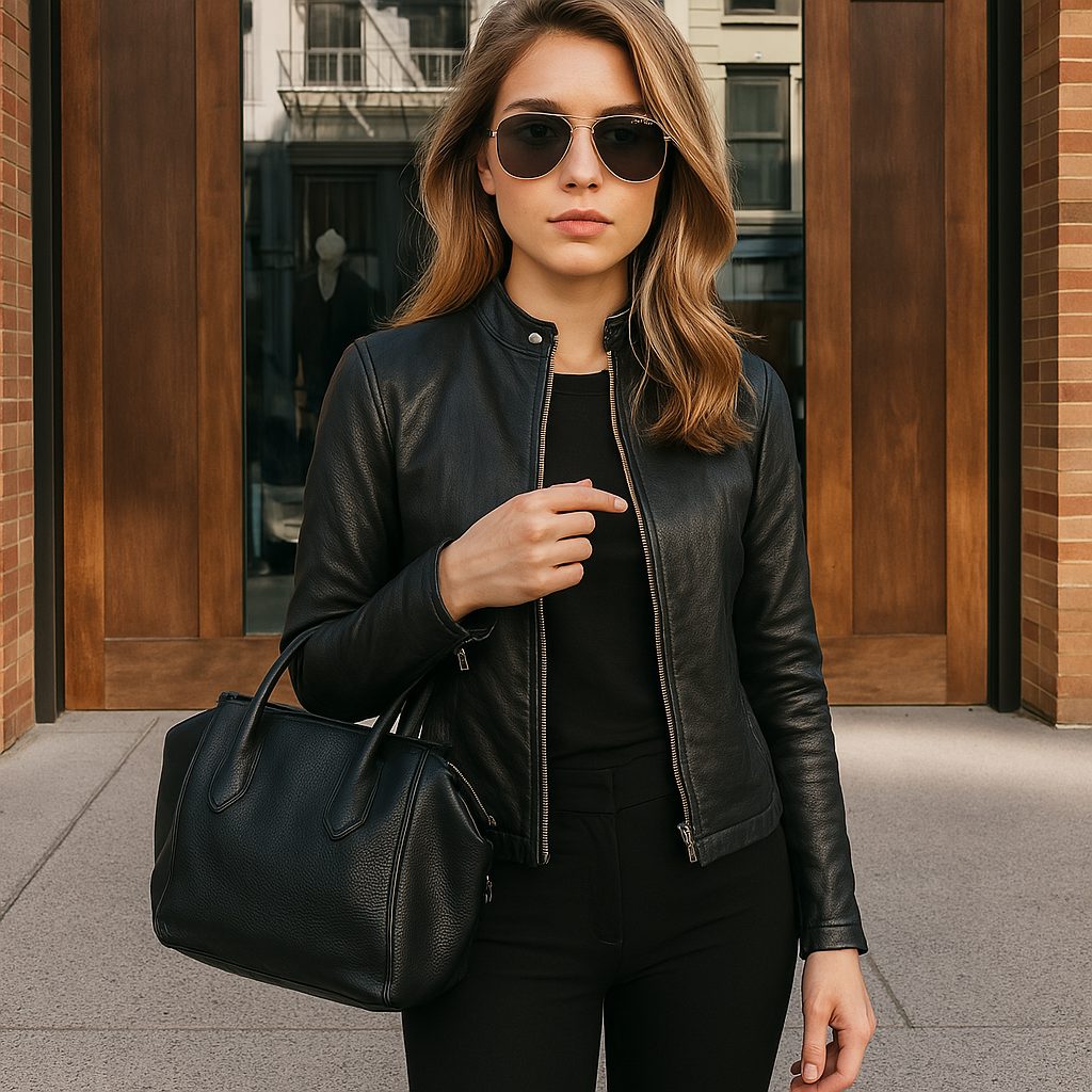 Slim Fit Leather Jacket with Mandarin Collar and Long Sleeves for Women