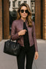 Slim Fit Leather Jacket with Mandarin Collar and Long Sleeves for Women