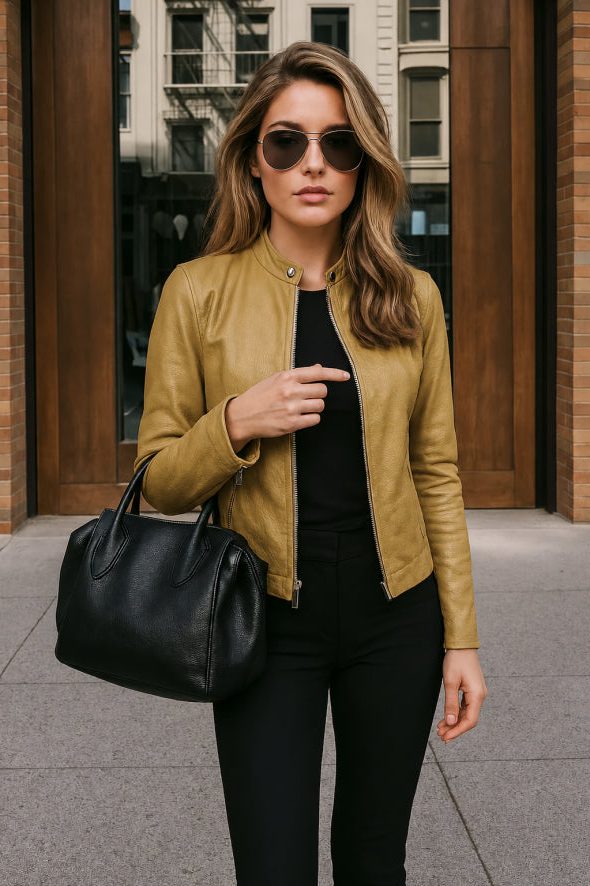 Slim Fit Leather Jacket with Mandarin Collar and Long Sleeves for Women