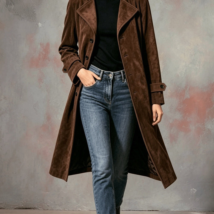 Suede Longline Coat with Lapels for Women