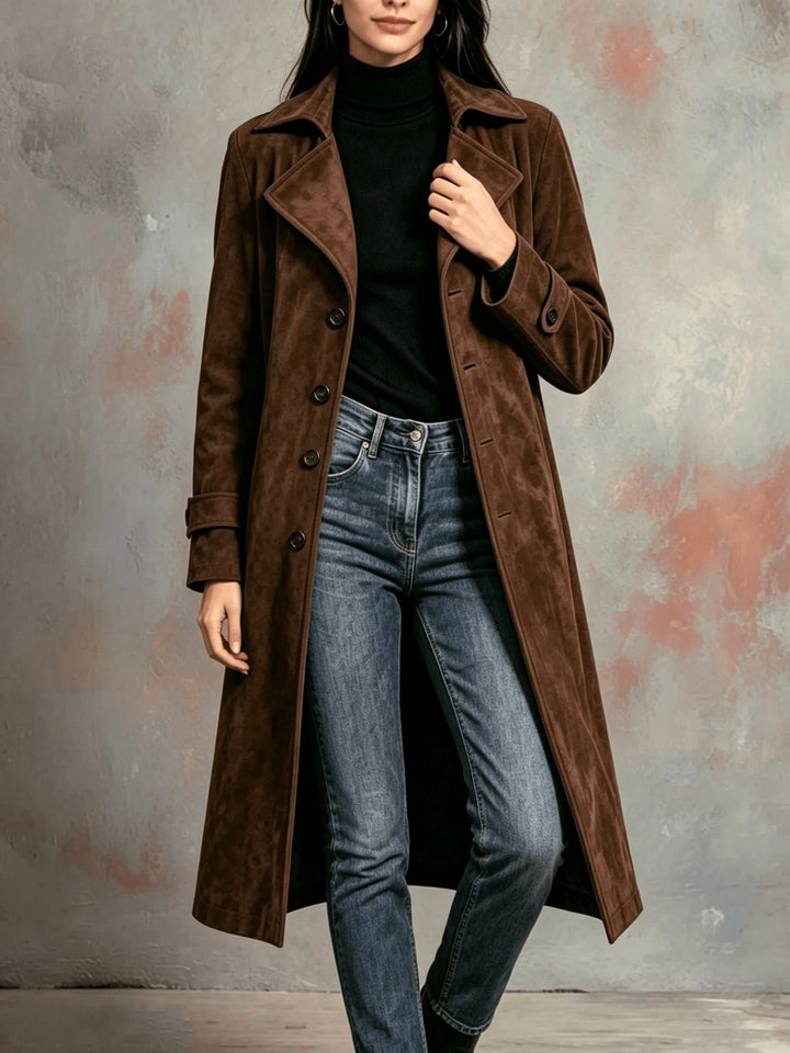 Suede Longline Coat with Lapels for Women