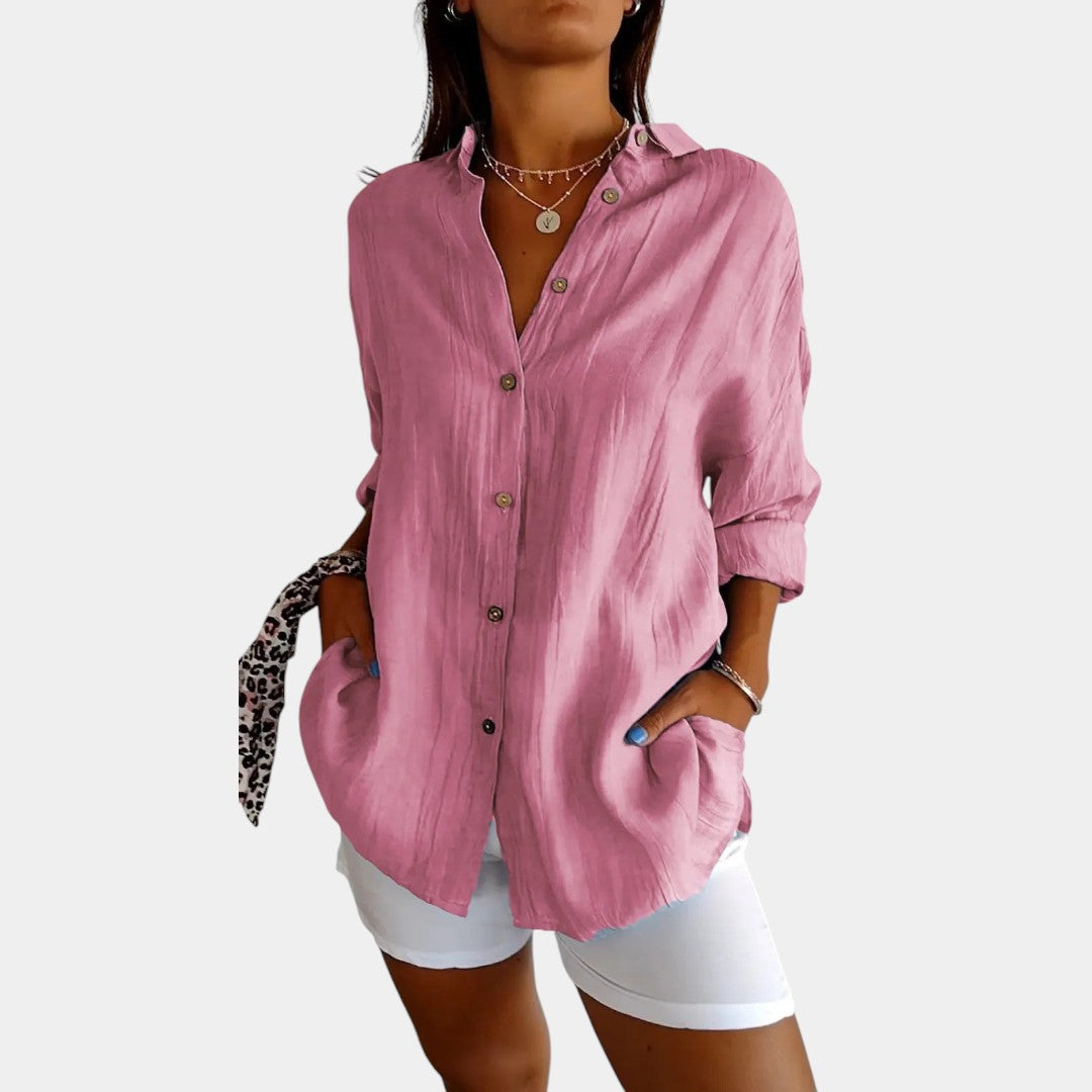 Damesblouse van luchtige katoen-linnenmix met comfortabele pasvorm, ideaal voor werk, vrije tijd of een avondje uit.