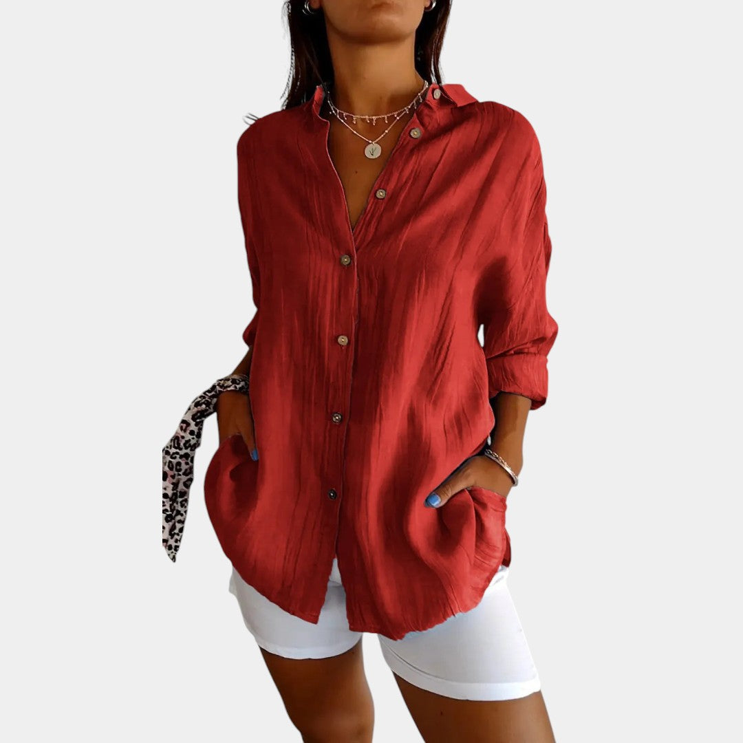 Damesblouse van luchtige katoen-linnenmix met comfortabele pasvorm, ideaal voor werk, vrije tijd of een avondje uit.