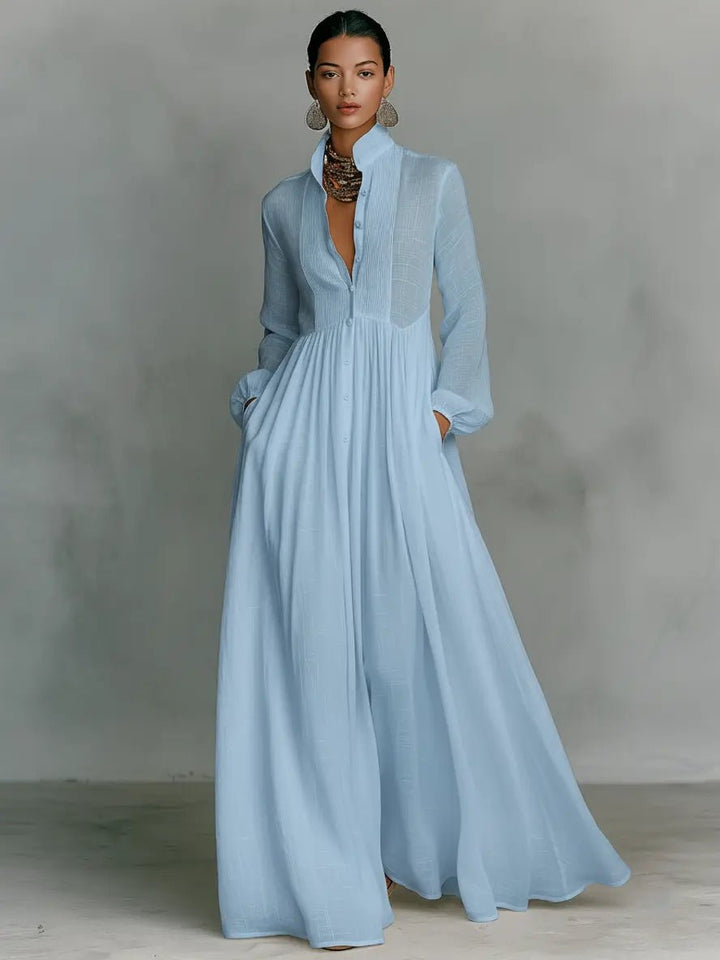 Evelyn | Maxi Dress Cotton Linen Blend Stand Collar Button Front