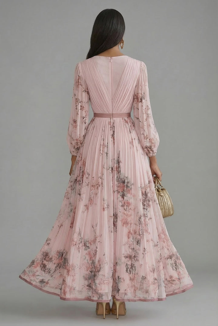 Evelyn | Maxi Dress V-Neck Long Sleeve Pleated Floral Print