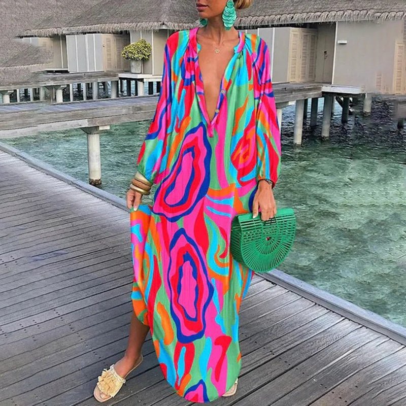 Eleanor | Maxi Kaftan Dress Abstract Print V-Neck Cover Up