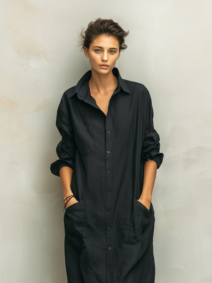 Maxi Shirt Dress with Collar and Long Sleeves for Women