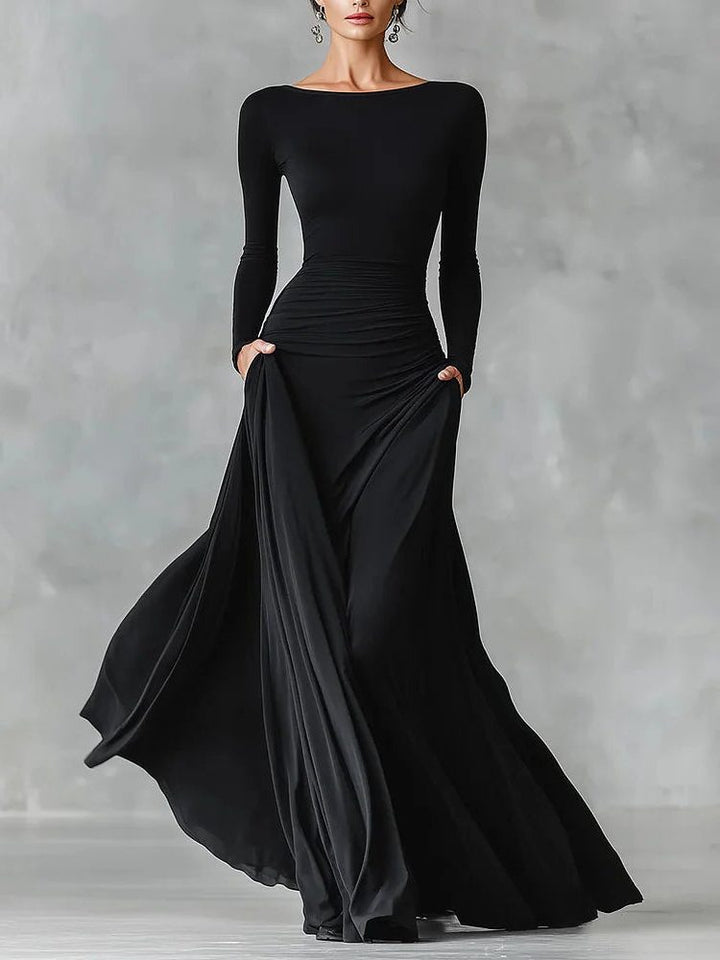 Winter Maxi Dress with Pleated Waist and Boat Neck for Women