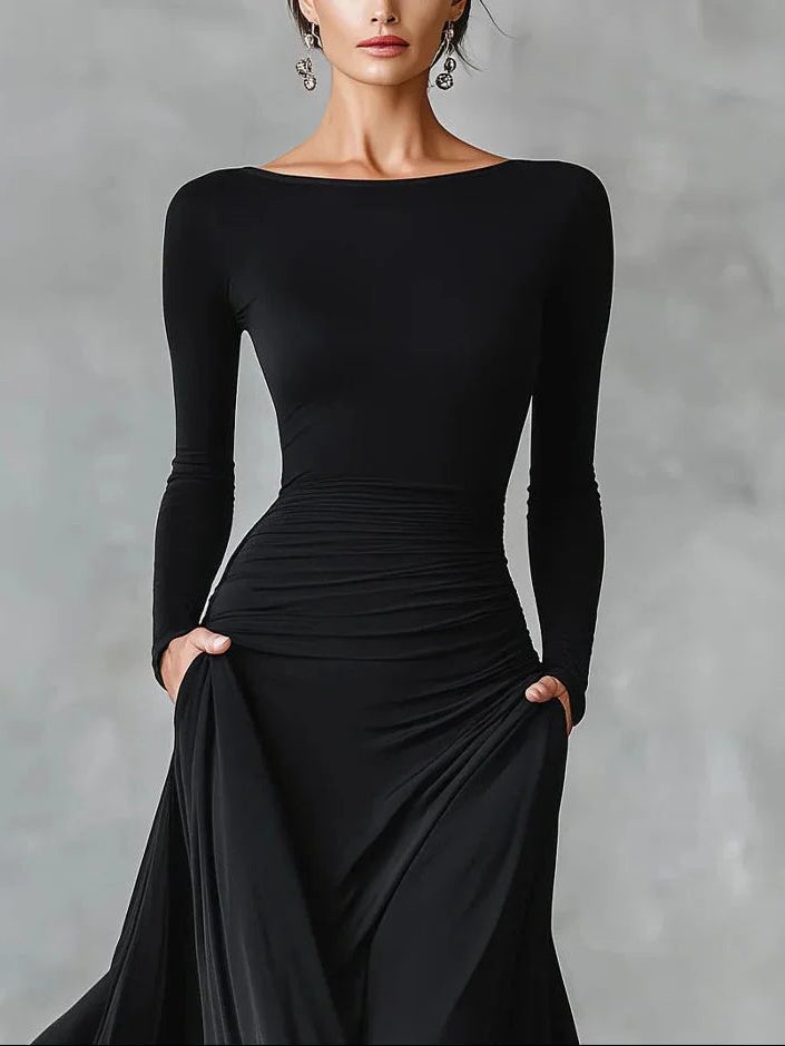 Winter Maxi Dress with Pleated Waist and Boat Neck for Women