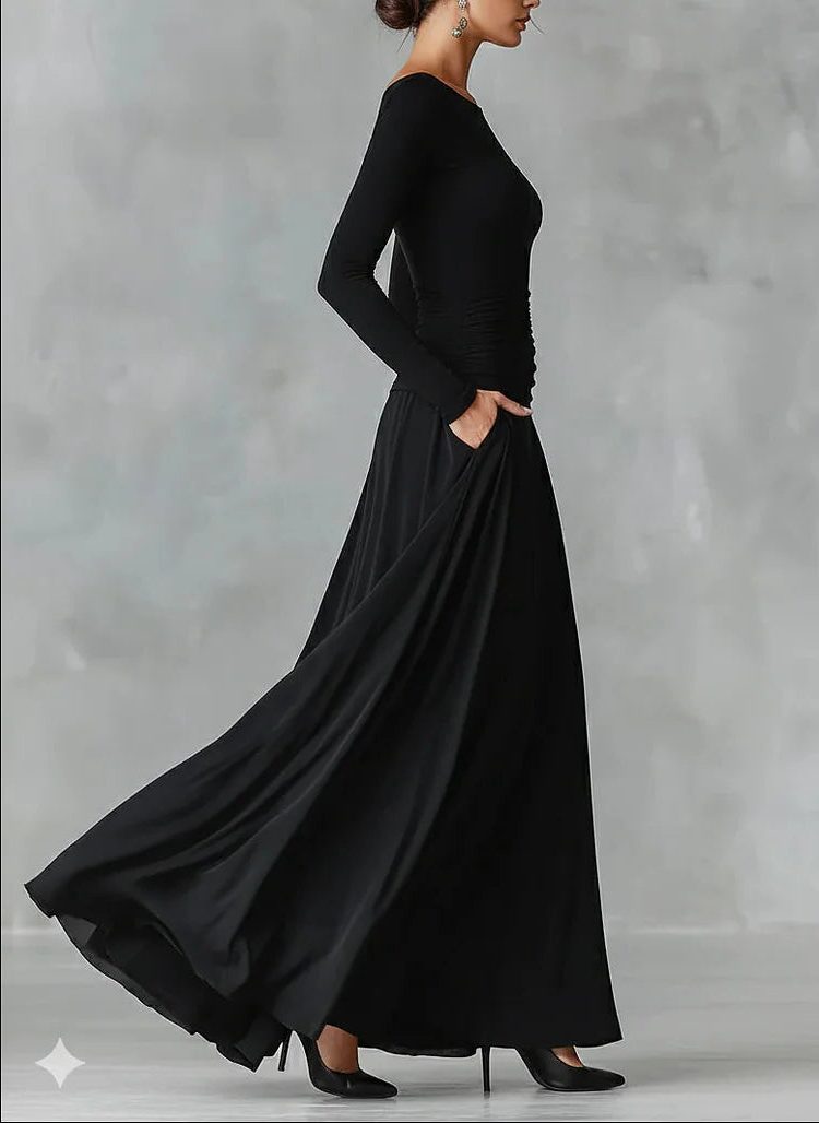 Winter Maxi Dress with Pleated Waist and Boat Neck for Women