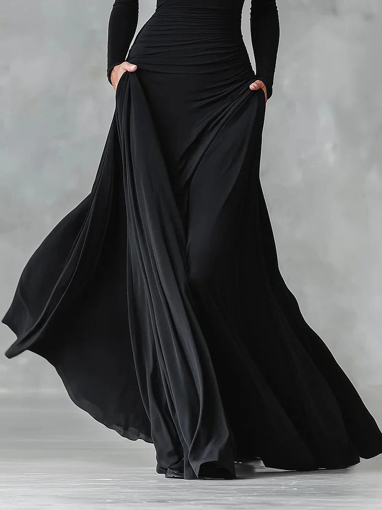 Winter Maxi Dress with Pleated Waist and Boat Neck for Women