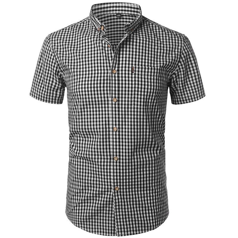 Men's short-sleeved checked shirt with button placket