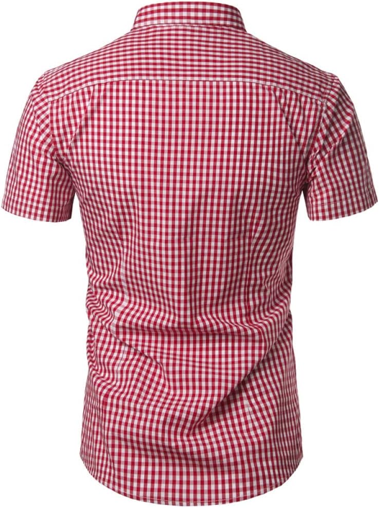 Men's short-sleeved checked shirt with button placket