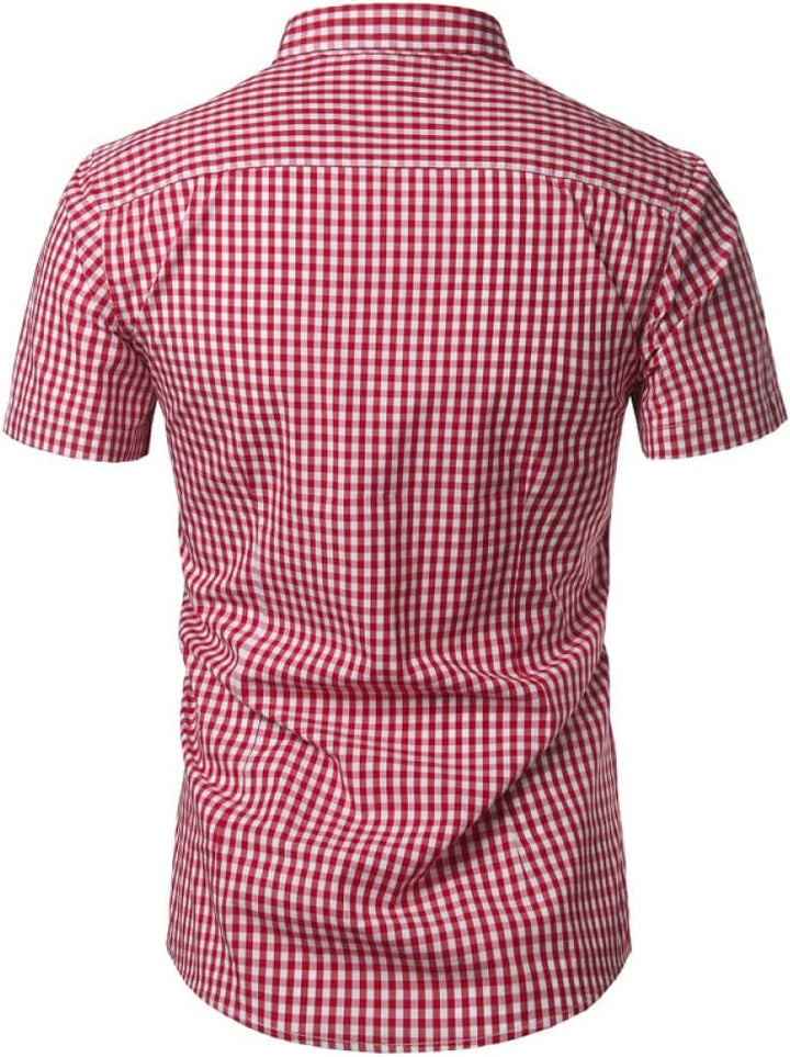 Men's short-sleeved checked shirt with button placket