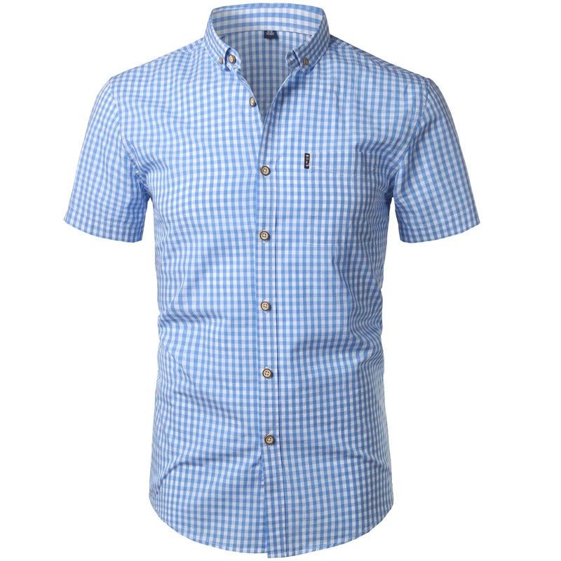 Men's short-sleeved checked shirt with button placket