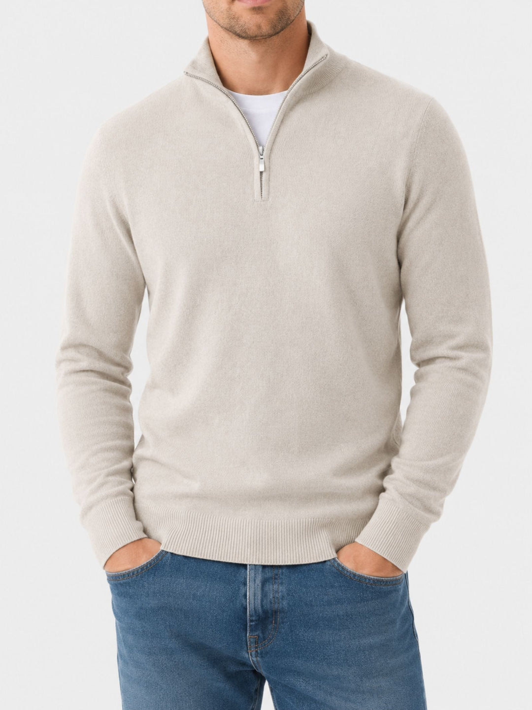 Men's Merino Wool Sweater with V-Neck and Zip Detail