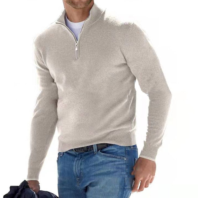Men's Merino Wool Sweater with V-Neck and Zip Detail