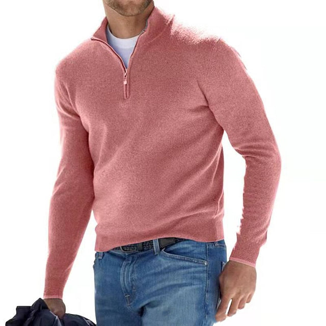 Men's Merino Wool Jumper with V-neck and Zip Detail
