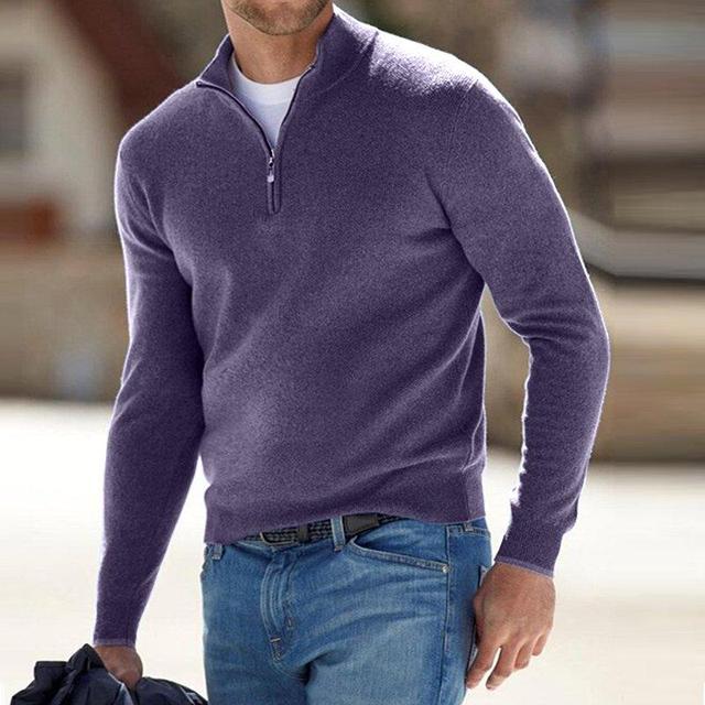 Men's Merino Wool Jumper with V-neck and Zip Detail
