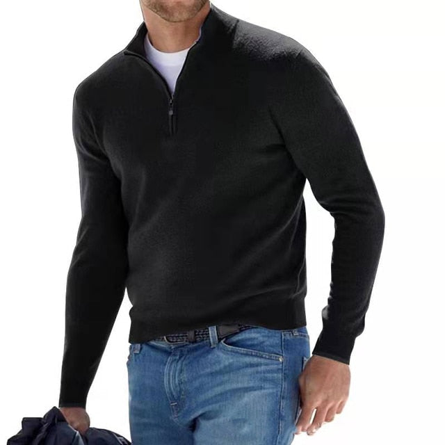 Men's Merino Wool Jumper with V-neck and Zip Detail