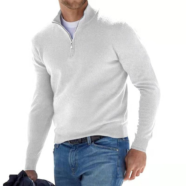 Men's Merino Wool Jumper with V-neck and Zip Detail