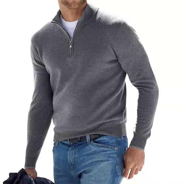 Men's Merino Wool Sweater with V-Neck and Zip Detail
