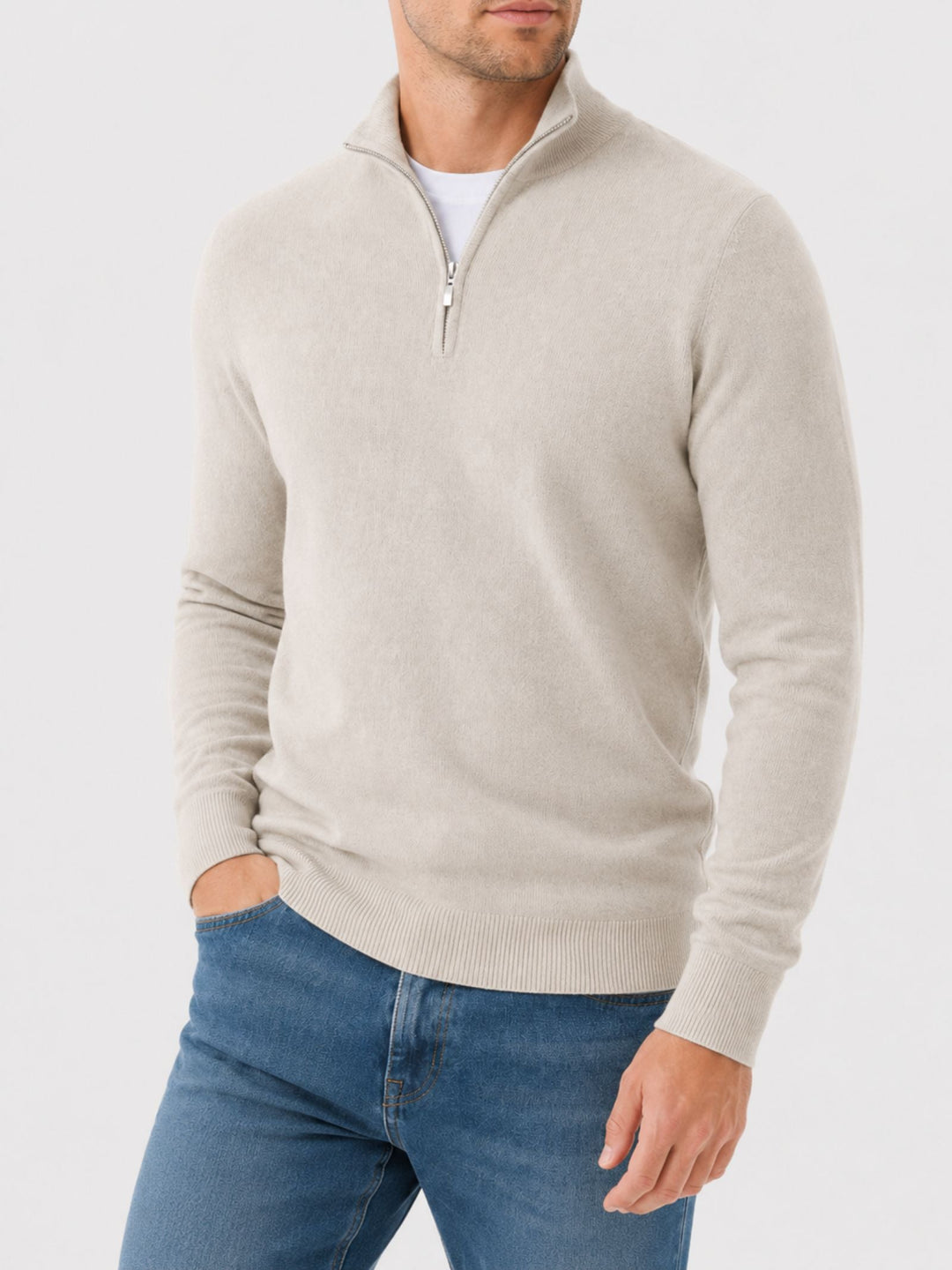 Men's Merino Wool Jumper with V-neck and Zip Detail